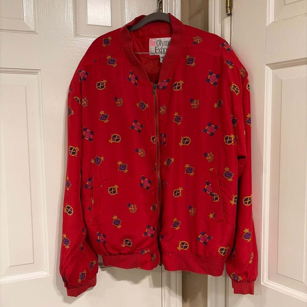 Olympic Exposure Unisex Silk Crest Bomber Jacket Red XL Vintage Royal Graphic